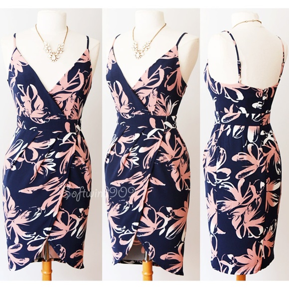 Last☝️ Navy Pink Floral Surplice Wrap Tulip Dress - Picture 2 of 8